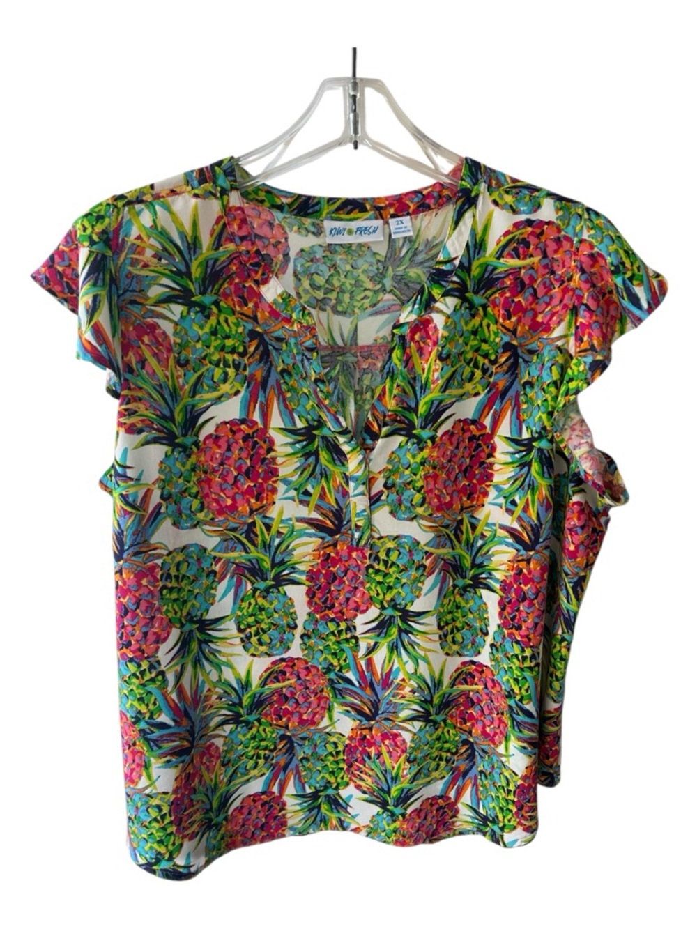 Colorful Pineapple Print Flutter Sleeve Blouse - White with Multicolor Print